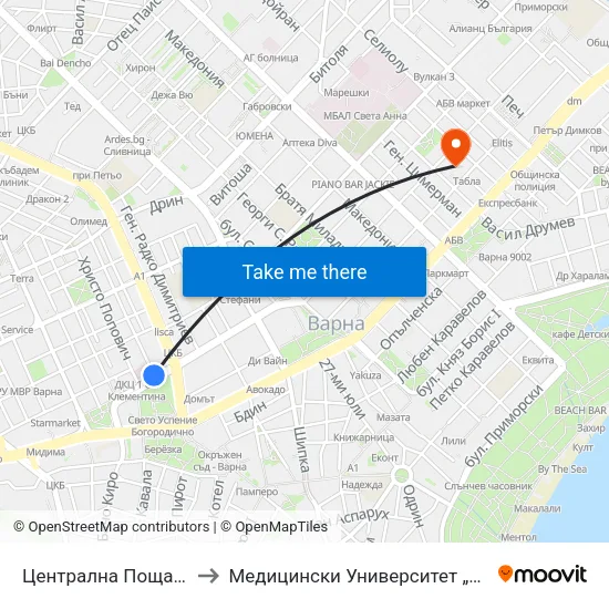 Централна Поща / Central Post Office to Медицински Университет „Проф. Д-Р Параскев Стоянов“ map