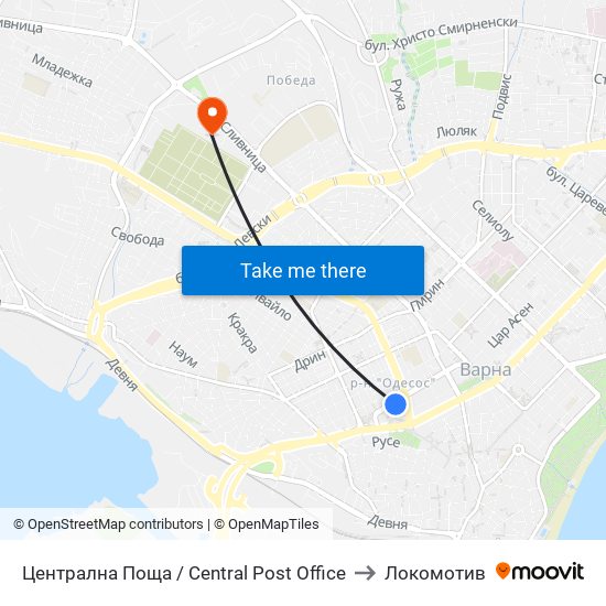 Централна Поща / Central Post Office to Локомотив map