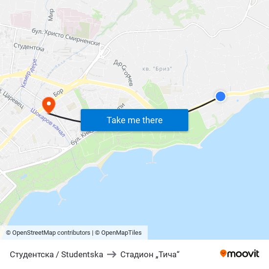 Студентска / Studentska to Стадион „Тича“ map