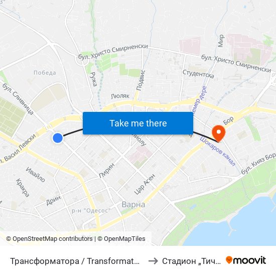 Трансформатора / Transformatora to Стадион „Тича“ map