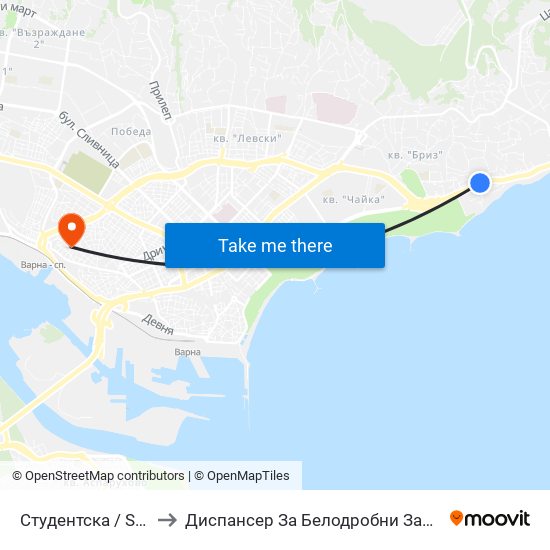 Студентска / Studentska to Диспансер За Белодробни Заболявания Варна map