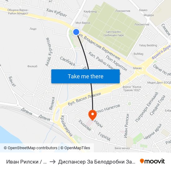 Иван Рилски / Ivan Rilski to Диспансер За Белодробни Заболявания Варна map