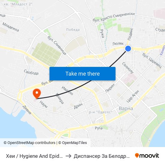Хеи / Hygiene And Epidemiological Inspectorate to Диспансер За Белодробни Заболявания Варна map