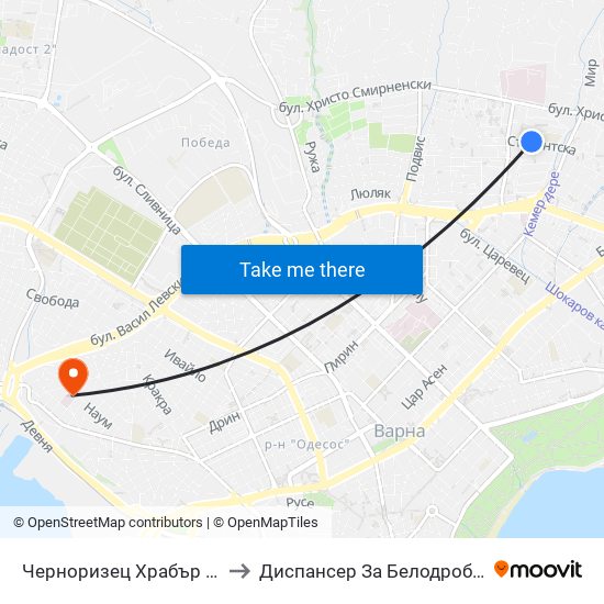 Черноризец Храбър / Chernorizets Hrabar to Диспансер За Белодробни Заболявания Варна map