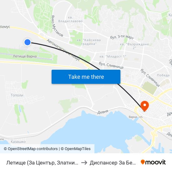 Летище  (За Център, Златни Пясъци) / Airport  (For Center, Golden Sands) to Диспансер За Белодробни Заболявания Варна map