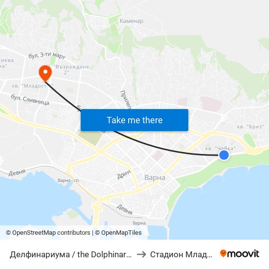Делфинариума / the Dolphinarium to Стадион Младост map