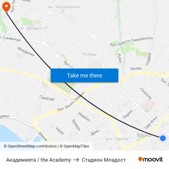 Академията / the Academy to Стадион Младост map