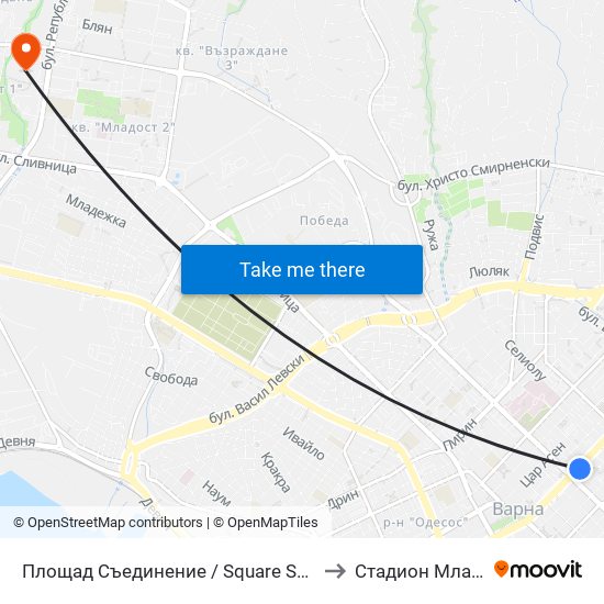 Площад Съединение / Square Saedinenie to Стадион Младост map