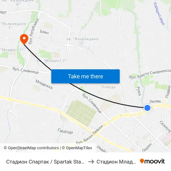 Стадион Спартак / Spartak Stadium to Стадион Младост map