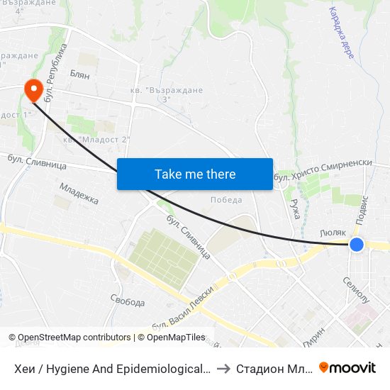 Хеи / Hygiene And Epidemiological Inspectorate to Стадион Младост map