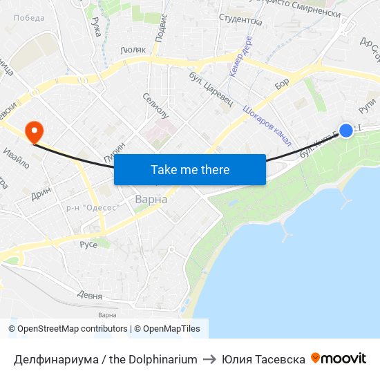 Делфинариума / the Dolphinarium to Юлия Тасевска map