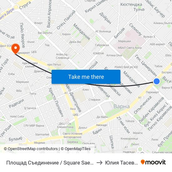 Площад Съединение / Square Saedinenie to Юлия Тасевска map