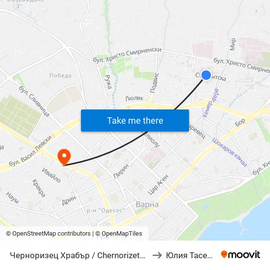 Черноризец Храбър / Chernorizets Hrabar to Юлия Тасевска map