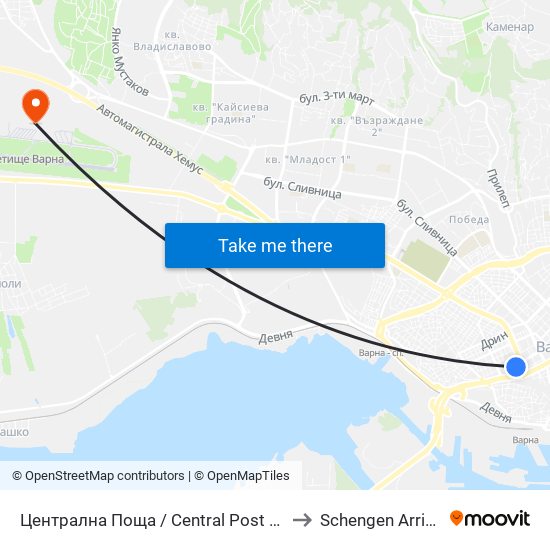 Централна Поща / Central Post Office to Schengen Arrivals map