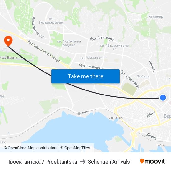 Проектантска / Proektantska to Schengen Arrivals map