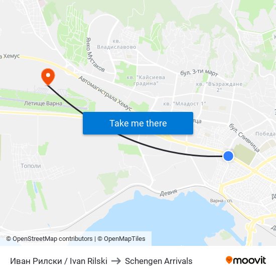 Иван Рилски / Ivan Rilski to Schengen Arrivals map