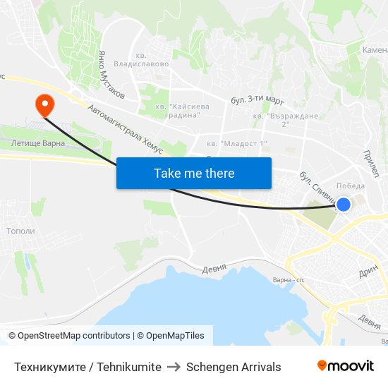 Техникумите / Tehnikumite to Schengen Arrivals map