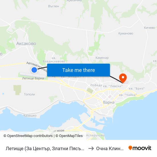 Летище  (За Център, Златни Пясъци) / Airport  (For Center, Golden Sands) to Очна Клиника ""Св. Петка"" map
