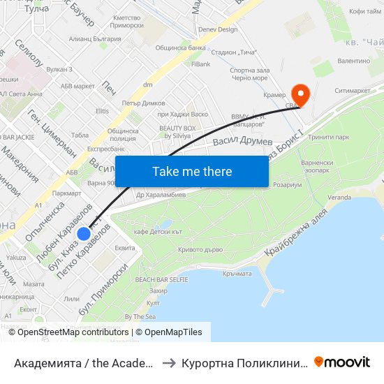 Академията / the Academy to Курортна Поликлиника map