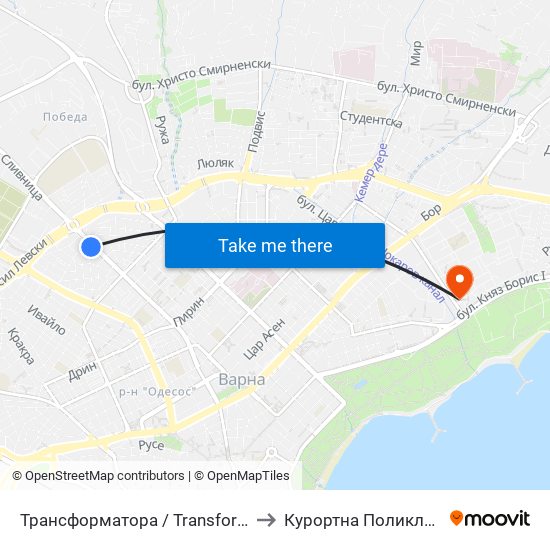 Трансформатора / Transformatora to Курортна Поликлиника map