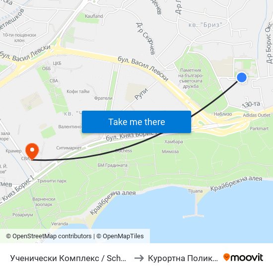 Ученически Комплекс / School Complex to Курортна Поликлиника map