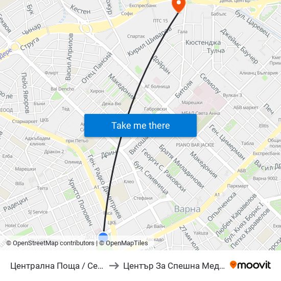 Централна Поща / Central Post Office to Център За Спешна Медицинска Помощ map