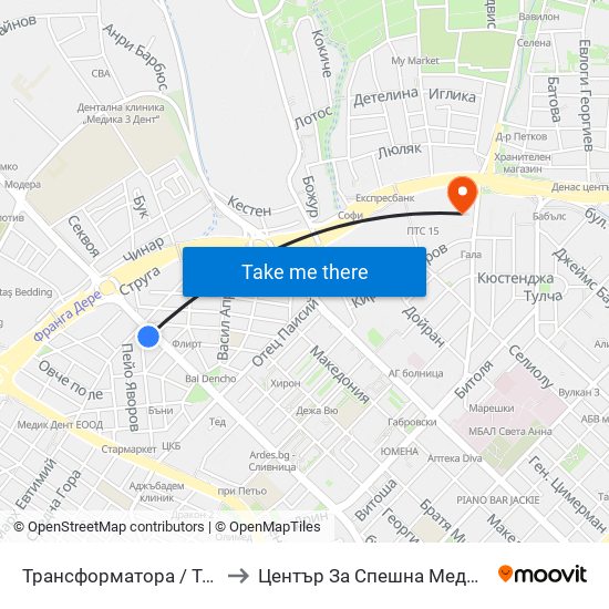 Трансформатора / Transformatora to Център За Спешна Медицинска Помощ map