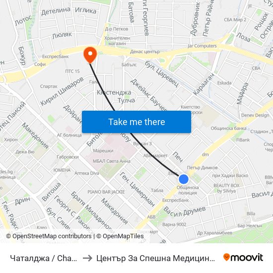 Чаталджа / Chataldzha to Център За Спешна Медицинска Помощ map