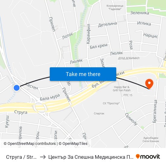 Струга / Struga to Център За Спешна Медицинска Помощ map