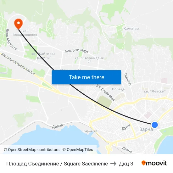 Площад Съединение / Square Saedinenie to Дкц 3 map
