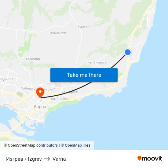 Изгрев / Izgrev to Varna map