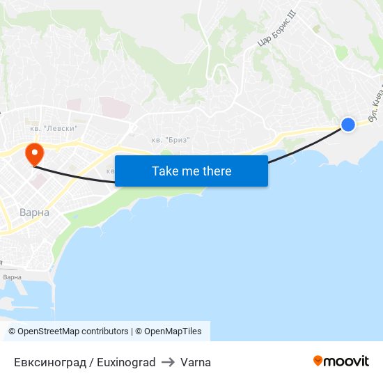 Евксиноград / Euxinograd to Varna map