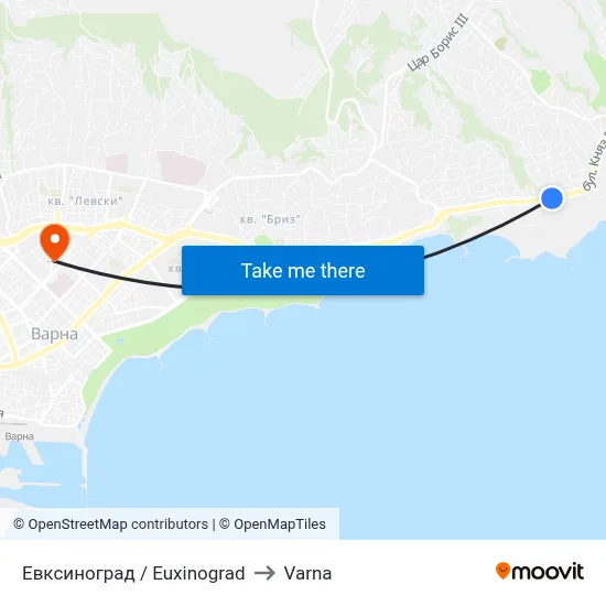 Евксиноград / Euxinograd to Varna map