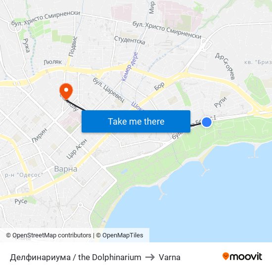 Делфинариума / the Dolphinarium to Varna map