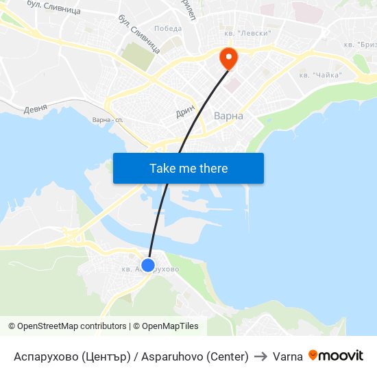 Аспарухово (Център) / Asparuhovo (Center) to Varna map