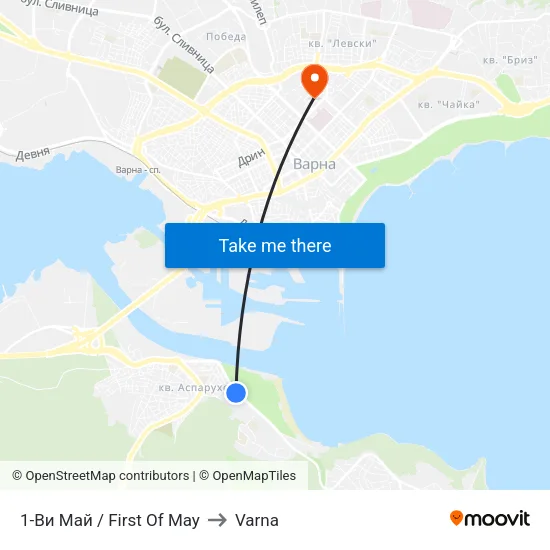 1-Ви Май / First Of May to Varna map