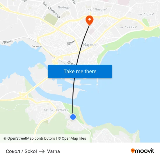 Сокол / Sokol to Varna map