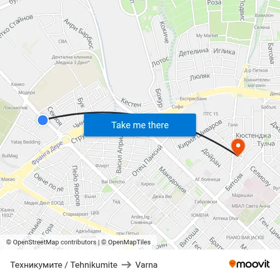 Техникумите / Tehnikumite to Varna map