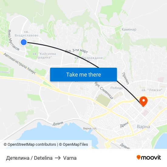 Детелина / Detelina to Varna map