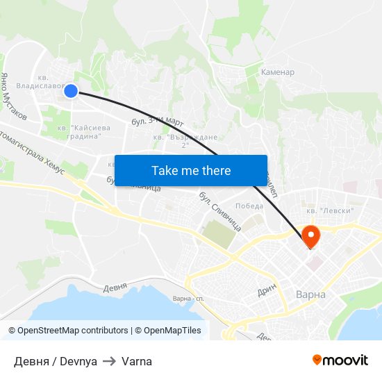 Девня / Devnya to Varna map