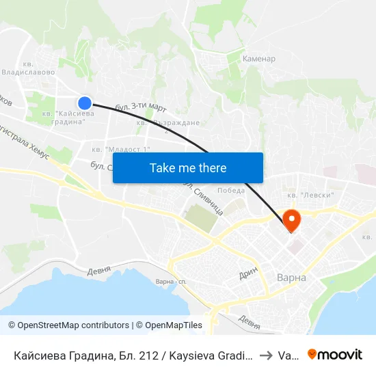 Кайсиева Градина, Бл. 212 / Kaysieva Gradina Qr, Bl. 212 to Varna map