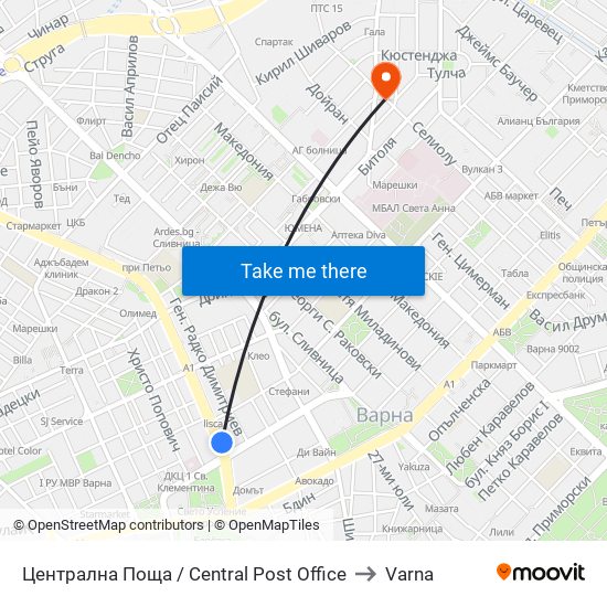 Централна Поща / Central Post Office to Varna map