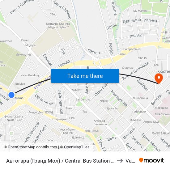 Автогара (Гранд Мол) / Central Bus Station (Grand Mall) to Varna map
