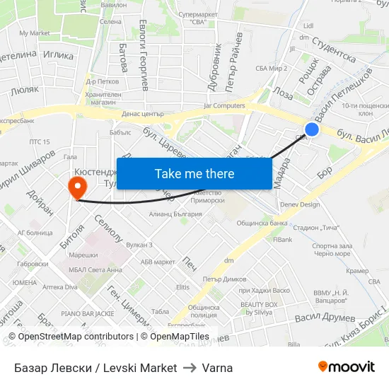 Базар Левски / Levski Market to Varna map
