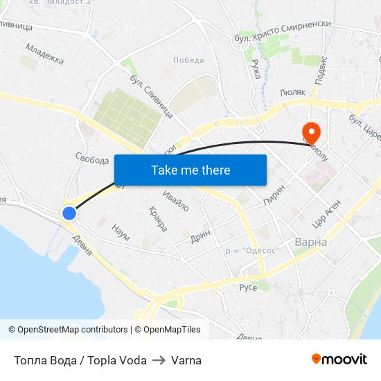 Топла Вода / Topla Voda to Varna map