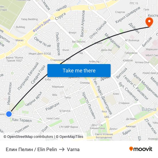 Елин Пелин / Elin Pelin to Varna map