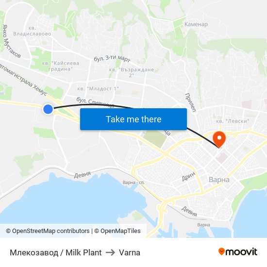 Млекозавод / Milk Plant to Varna map