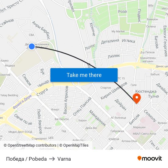 Победа / Pobeda to Varna map