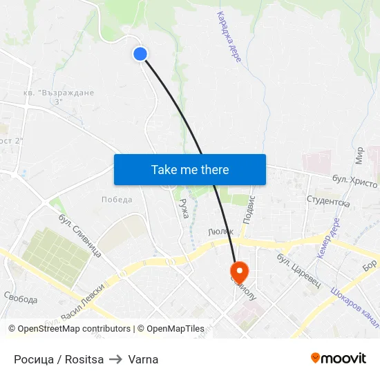 Росица / Rositsa to Varna map