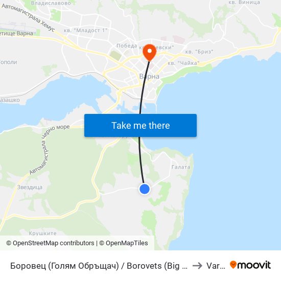 Боровец (Голям Обръщач) / Borovets (Big Tumbler) to Varna map